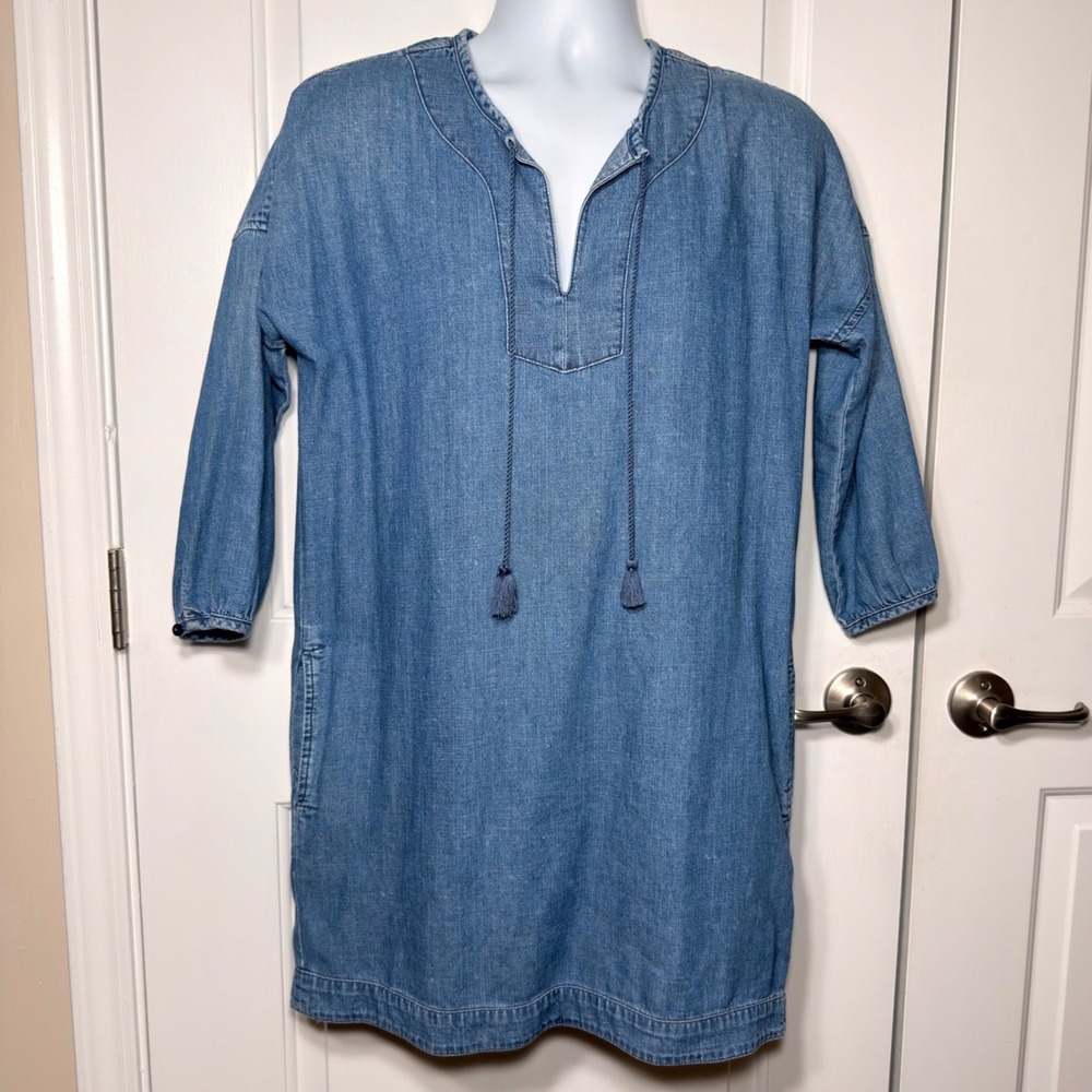 Madewell Denim Shift Dress Womens Small Chambray Tassel Tie Split Neck F4351